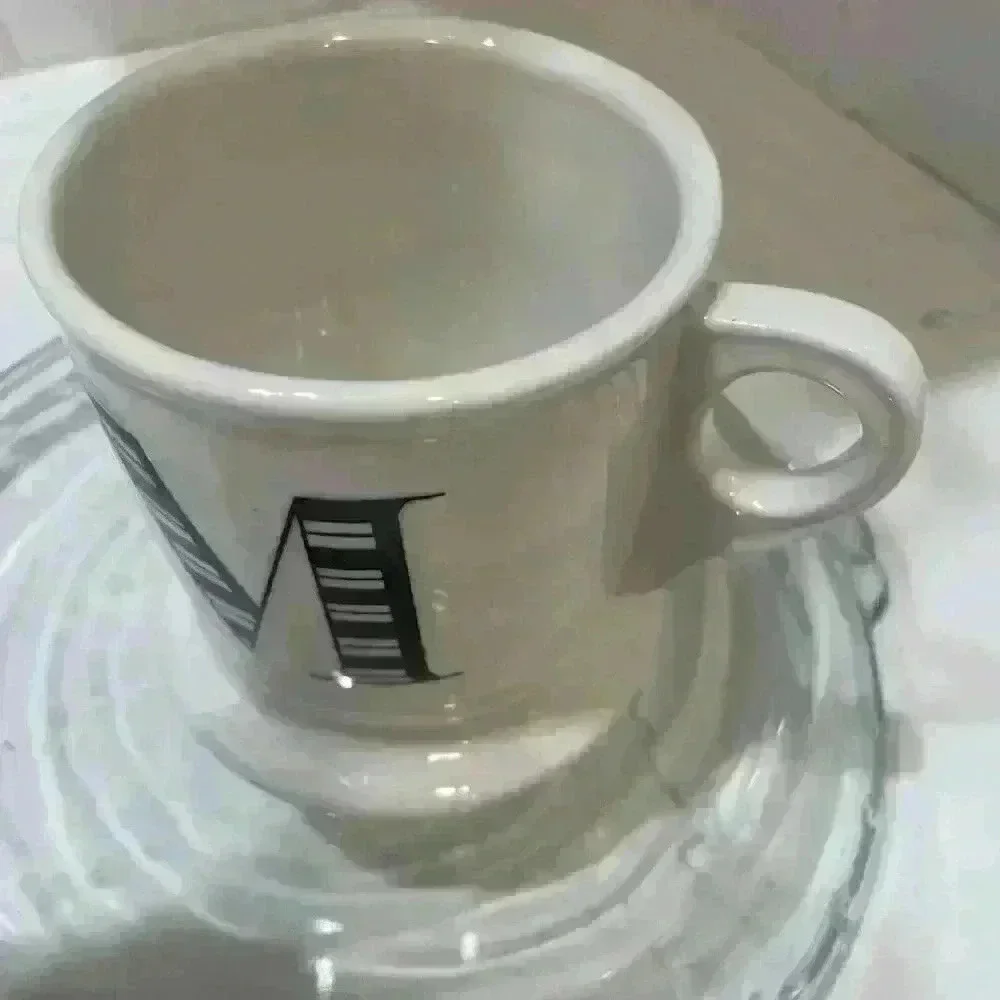 Anthropologie Coffee Mug Monogram Letter M Black White Shaving Style Cup NEW